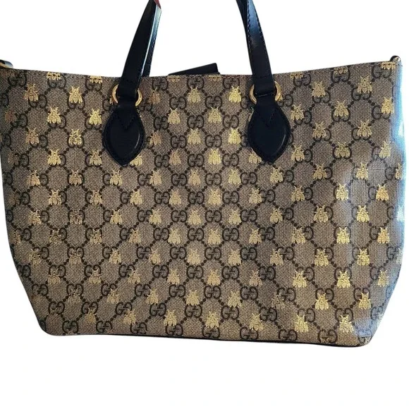 Gucci Bee Supreme Tote GG Monogram Gold Metallic Canvas Black Leather 473887 - Picture 3 of 9